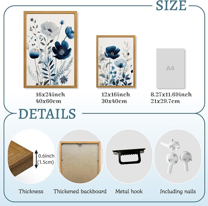 LLEEMPI Navy Blue Floral Wall Art Set of 3, 12x16 Wood Framed Canvas Prints | - Image 7