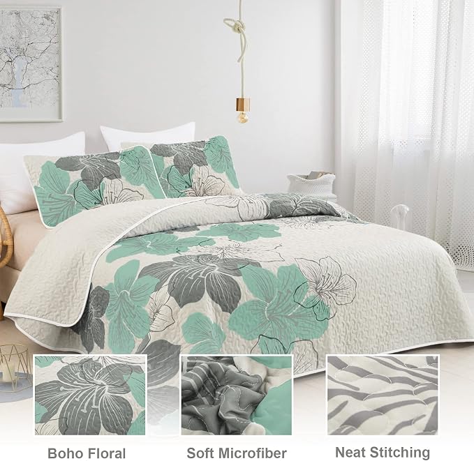 DJY 3 Pieces Quilt Set King Green Floral Pattern Quilt Coverlet Elegant Boho - Image 2