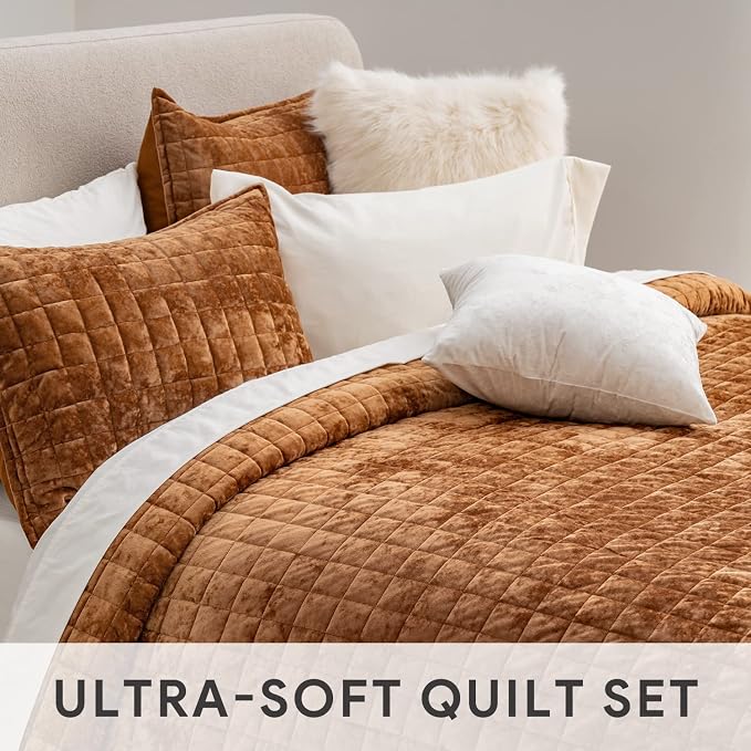 RECYCO Channel Box Stitch Velvet Quilt Set, Queen Size, Rusty Burnt Orange | - Image 5