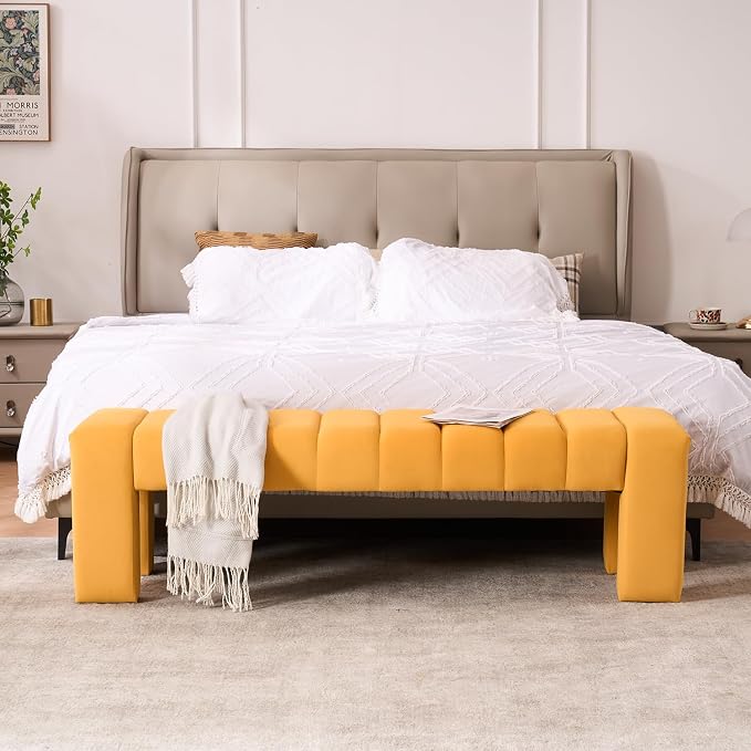 59" Velvet Bench for Bedroom King Size Bed Window End of Bed, Mustard Yellow | - Image 3