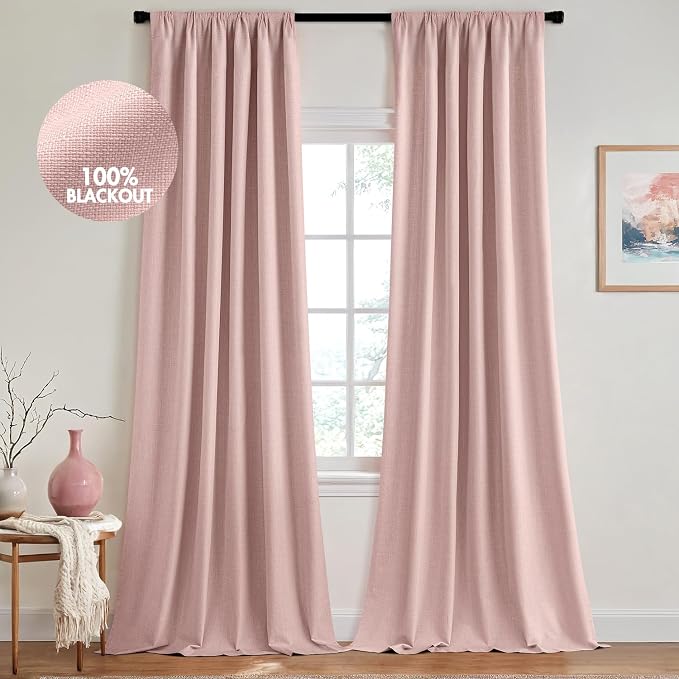 MIULEE 100% Blackout Back Tab Pleat Linen Curtains 50" Wx120 L, Light Pink | 2 by MIULEE