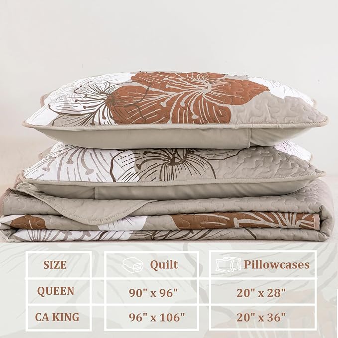 DJY Quilt California King Size, Taupe Floral Bedspread Coverlet Set 3 Pcs | - Image 6