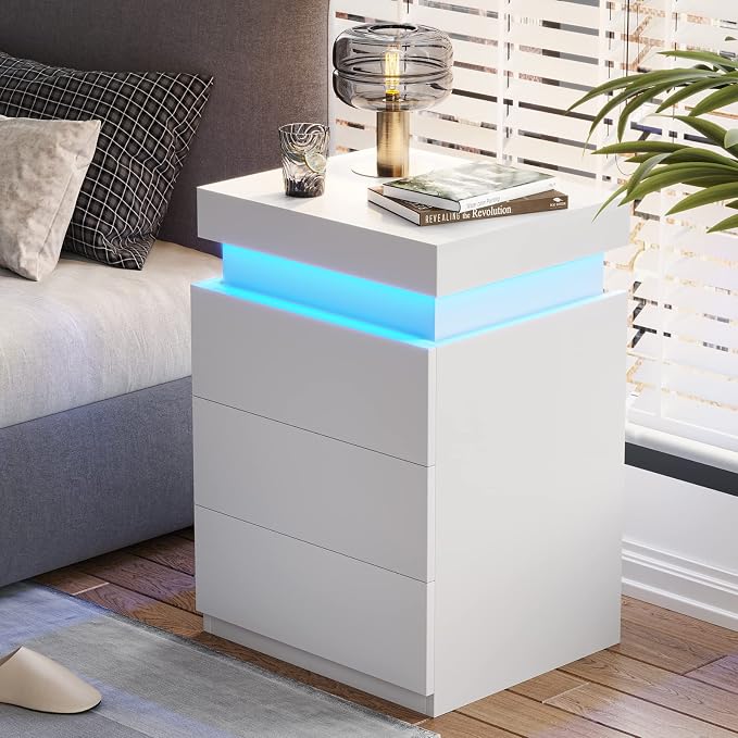ADORNEVE White Nightstand with Charging Station and LED Lights | Modern Night - Image 4