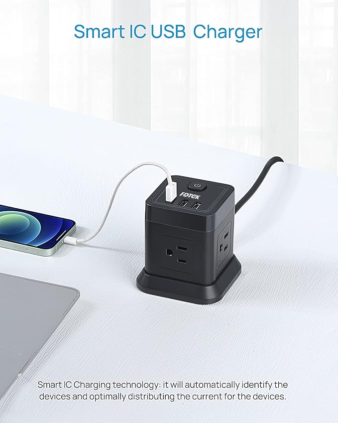FDTEK 15 FT Extension Cord Power Strip USB C, 4 Outlets 3 USB Ports Black | - Image 7