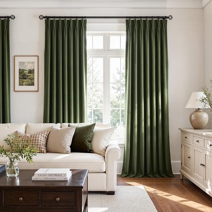 Hunter Green Velvet Pleated Blackout Curtains 108 Inches Long Room Darkening - Image 4