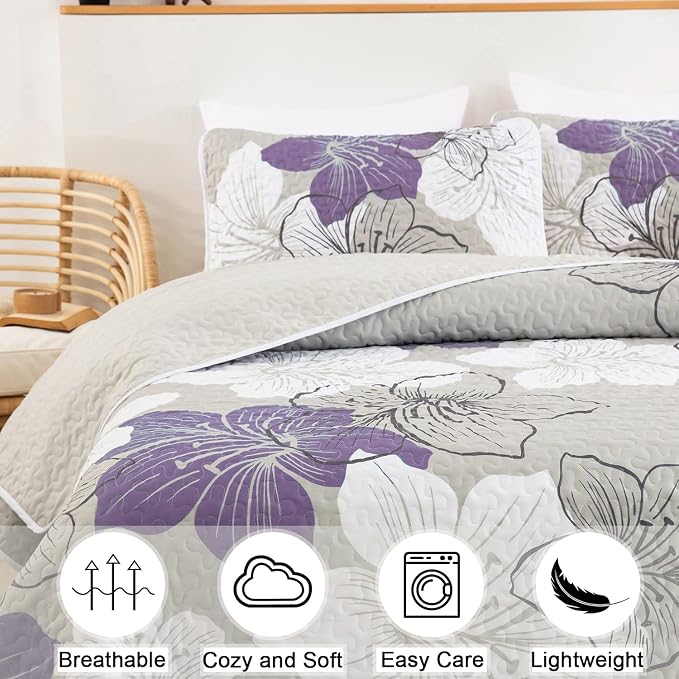 DJY 3 Pieces Quilt Set King Purple Lily Pattern Quilt Coverlet Set Boho Floral - Image 5