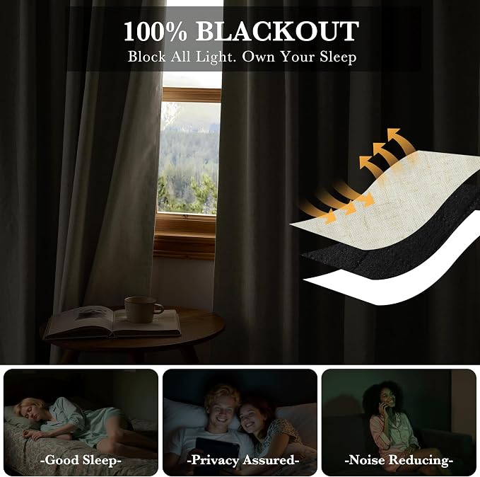 RYB HOME 100% Blackout Curtains Natural Linen Blended, Thermal Insulated Room - Image 2