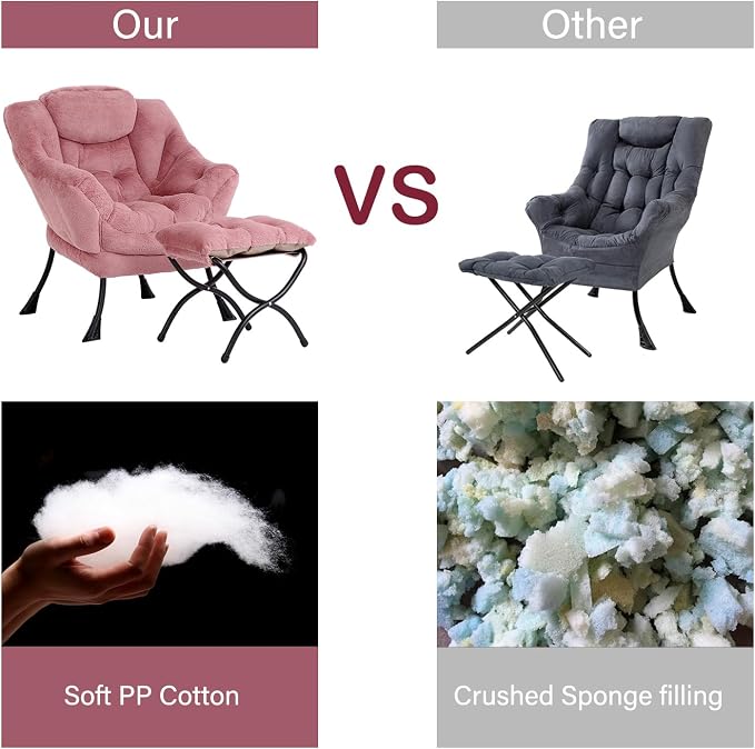 Lazy Chair with Ottoman, Comfy Accent Reading Chair, Plush Dark Pink | Foldable - Image 6