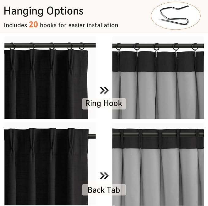 Pinch Pleated Full Blackout Faux Linen Curtains 80 Inches Long | Black - Image 3