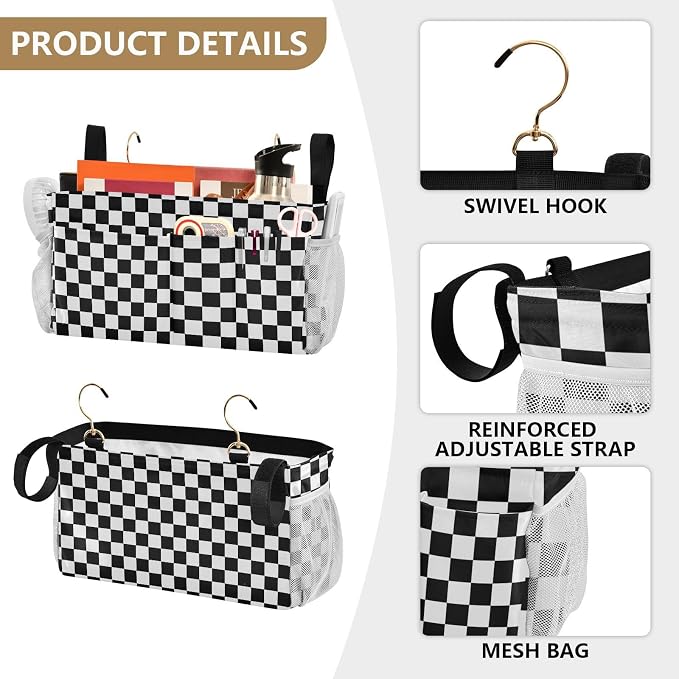 Black White Checkerboard Print Bedside Caddy Storage Bag Bedside Organizer - Image 5