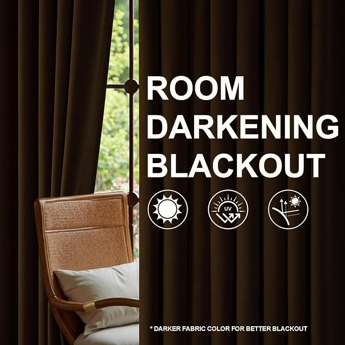 90 inches Long Dark Brown Velvet Blackout Curtains 2 Panels Elegant Luxury - Image 6