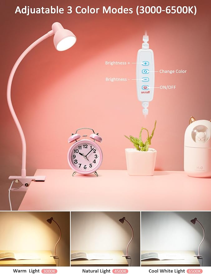 Pink Small Desk Lamp Clip on Reading Light - Image 3