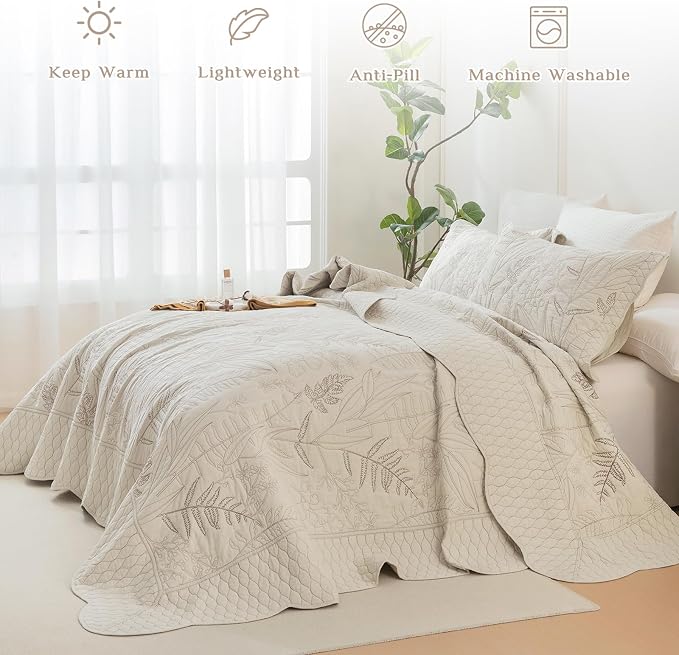 CozyTide Oversized Queen Bedspread 102"x118", Wheat Botanical Leaves Pattern - Image 2