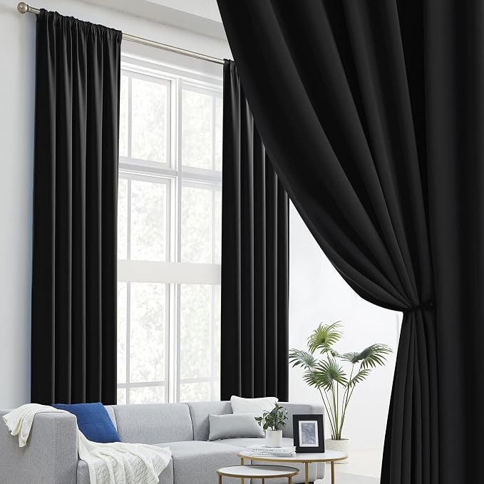 Black Blackout Curtains 92 Inch Long, 2 Panels 52W x 92L | Thermal Insulated - Image 2