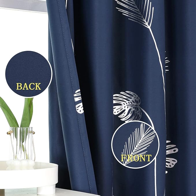 Navy Blue Blackout Curtains for Living Room 84 Inches Long Silver Palm Tree - Image 3
