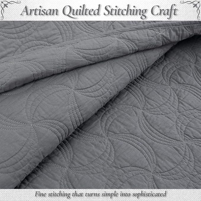 Cozy Line Home Fashions Charcoal Gray Cotton Quilt Set – 3-Piece Solid Textured - Image 5
