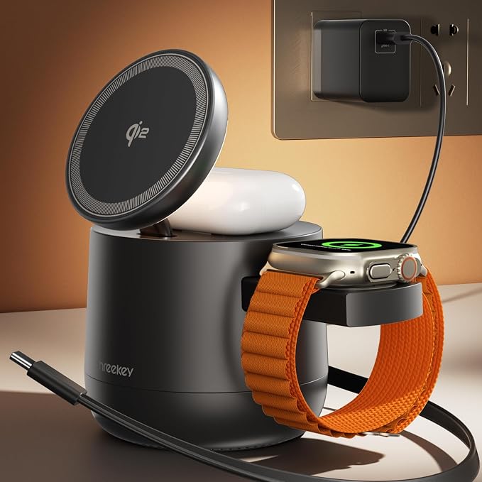 4 in 1 Qi2 Magnetic Wireless Charging Station, 15W Fast Charger by THREEKEY