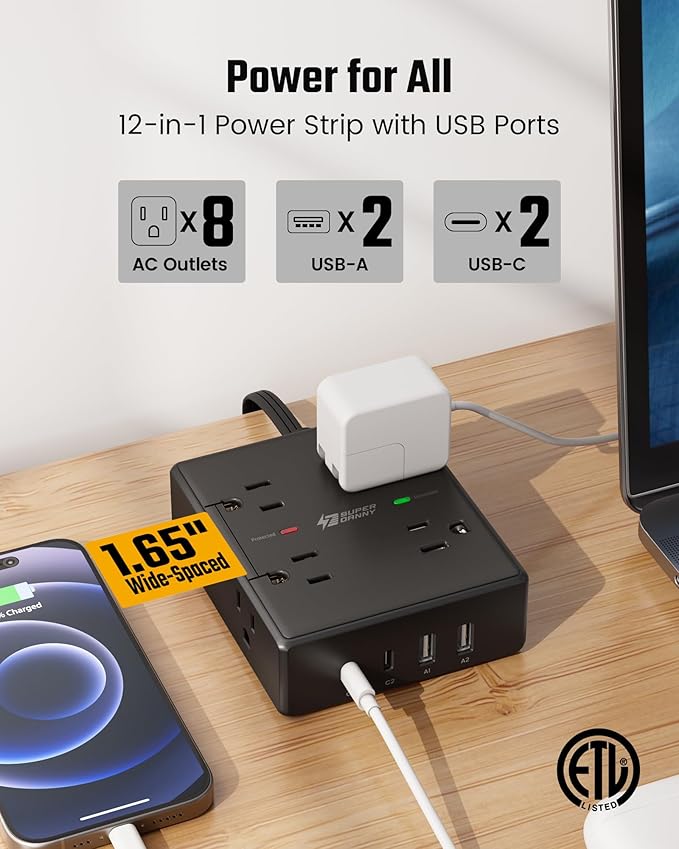 SUPERDANNY Extension Cord, Flat Plug Surge Protector Power Strip, 10Ft | 8 AC & - Image 3