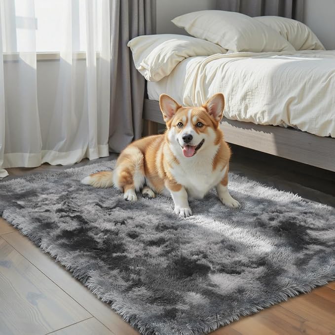Small Shag Area Rug for Bedroom, 2x3 Dark Grey Tie-Dyed Soft Plush Carpet | by Junhejiamei