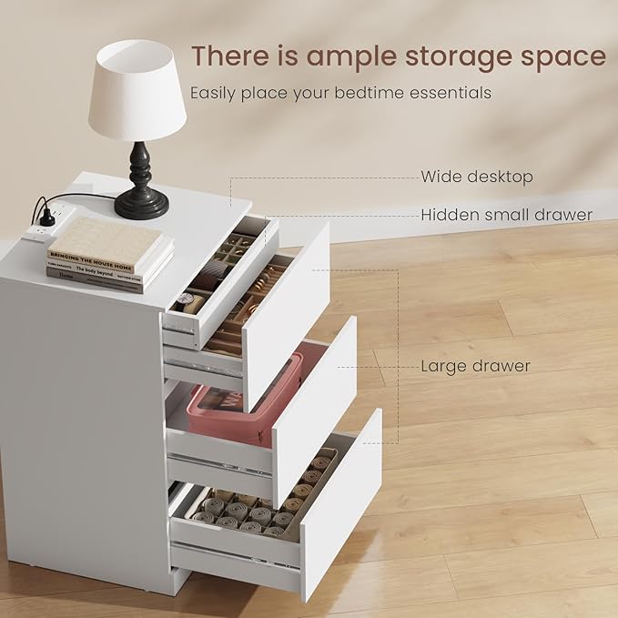 Nightstand with Charging Station and Hidden Drawer, Modern Night Stand - Image 4