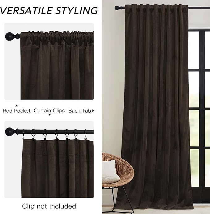 RYB HOME Brown Blackout Curtains 96 inches Long Velvet - Image 3