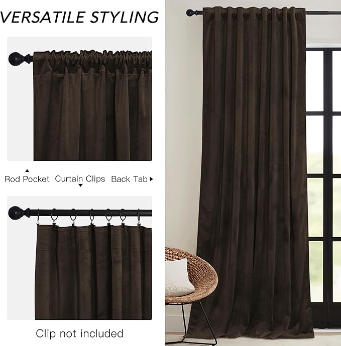 RYB HOME Brown Velvet Curtains for Bedroom Living Room | Thermal Insulated - Image 5