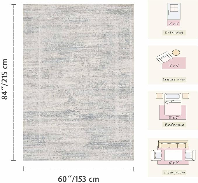 Latte&Fog Washable Blue Rugs for Living Room, 5x7 Area Rug for Bedroom | Non - Image 2