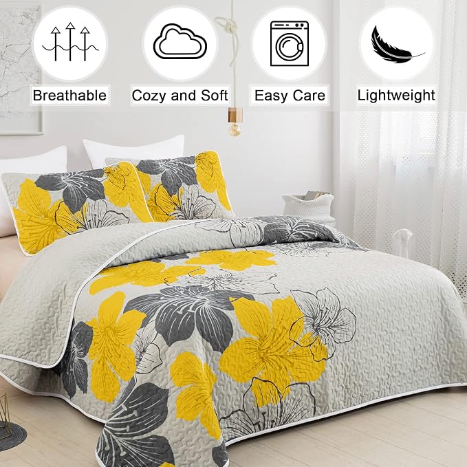 DJY 3 Pieces Quilt Set California King Yellow Floral Pattern Quilt Coverlet Set - Image 2