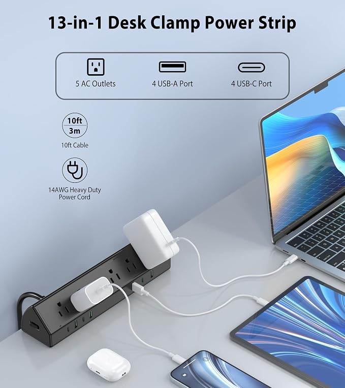 Jgstkcity Desk Clamp Power Strip USB C 45W, 8 USB, 10FT Cable, Edge Mount - Image 2