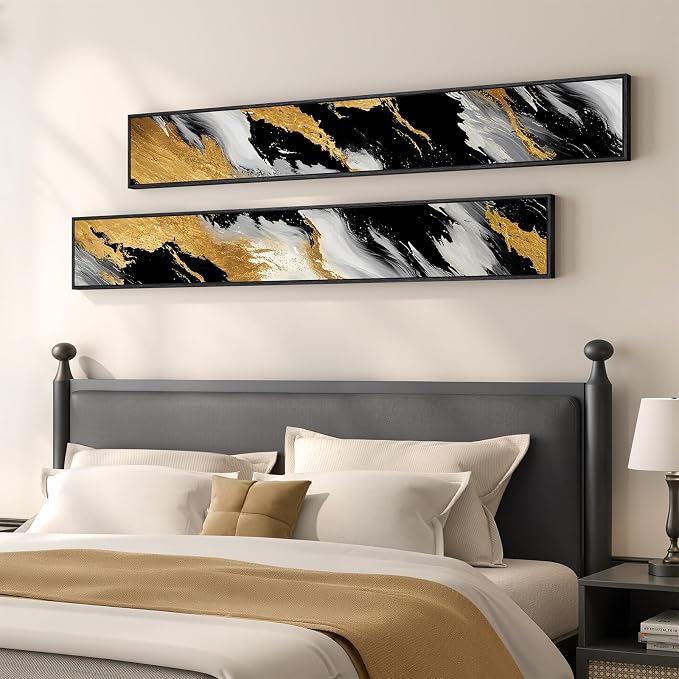 Framed Vertical Black and Gold Abstract Wall Art Set of 2, Modern Long Narrow - Image 5