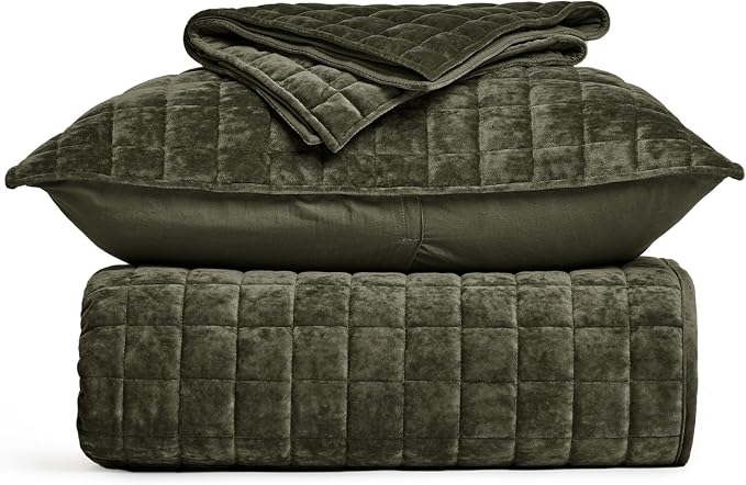 RECYCO Channel Box Stitch Velvet Quilt Set, Twin/Twin XL Size, Olive Green | - Image 8