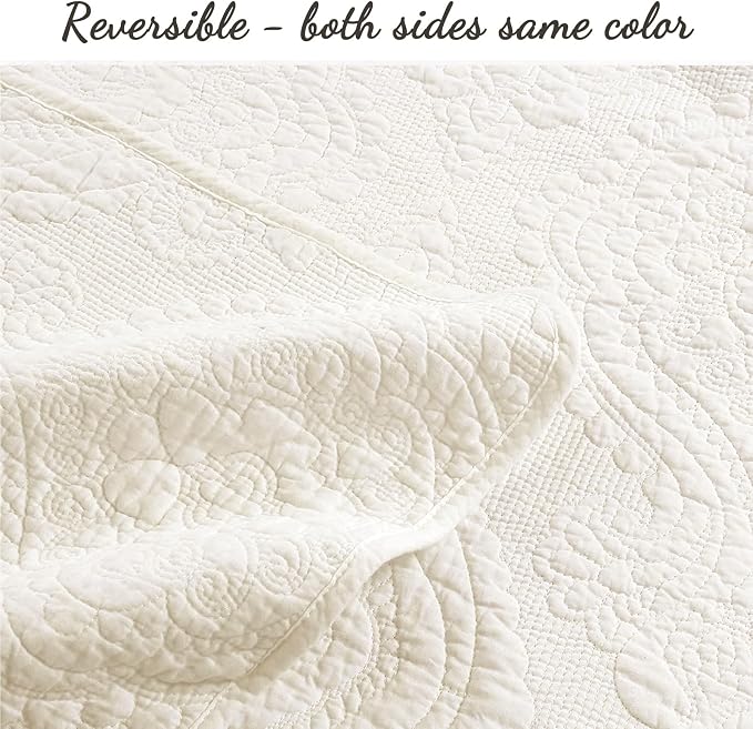 Cozy Line Home Fashions Ivory Cotton Quilt Set – 3-Piece Quilted Damask - Image 5