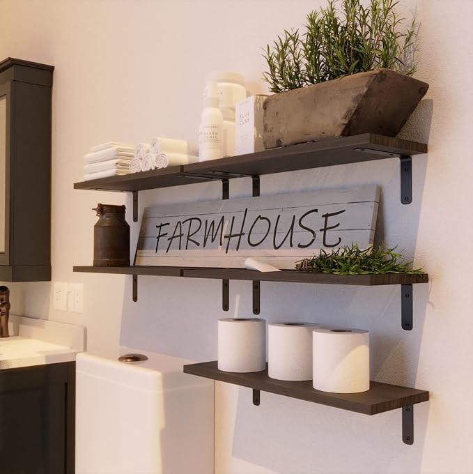 RICHER HOUSE Rustic Wood Floating Shelves Set of 5, Wall Mounted Shelf 16in | - Image 2