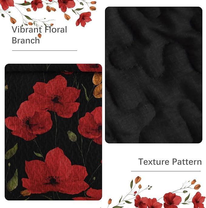 Mybedsoul Floral Quilt Set Queen Size, 3 Pieces Black Bedspread Coverlet Set - Image 5