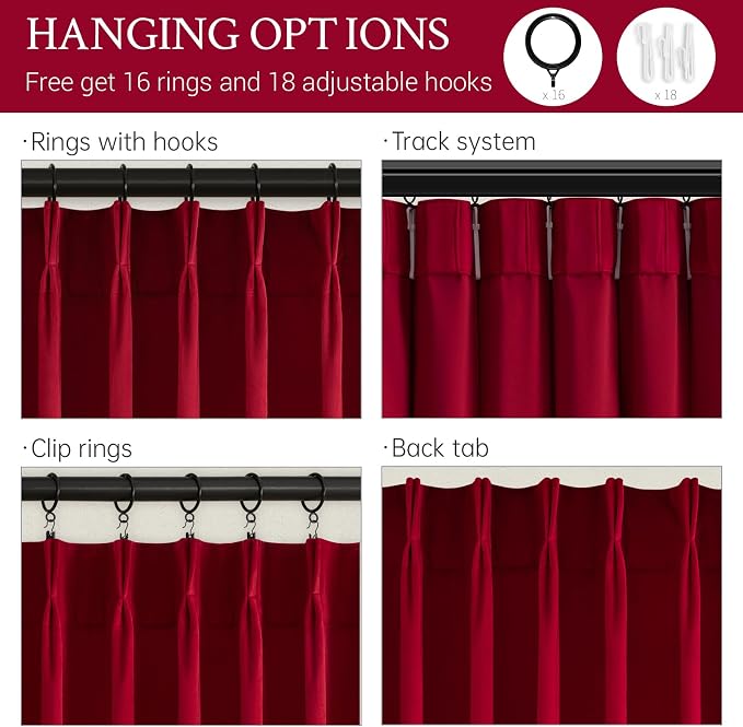 108 Inches Long Red Velvet Curtains, Extra Long Pinch Pleated Blackout Thermal - Image 4