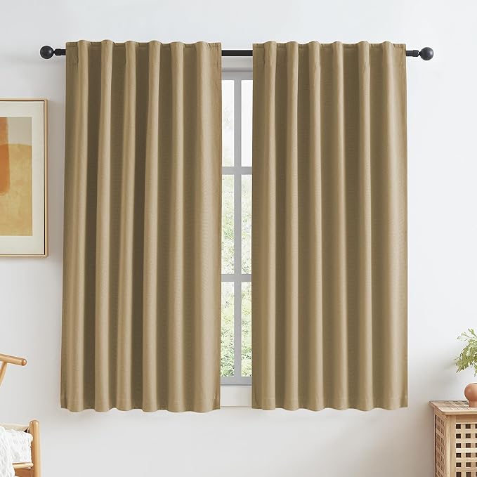 Burlap Linen Blackout Curtains 63 Inches Long, Back Tab Rod Pocket Hook Belt by KEQIAOSUOCAI