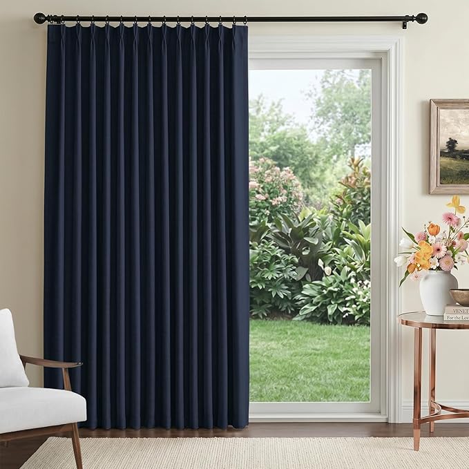 Pinch Pleated Full Blackout Faux Linen Curtains 80 Inches Long | Midnight Blue by 100BlackoutShield