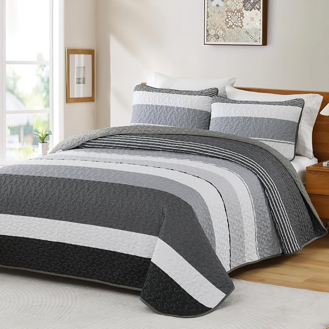 Dinjoy King Boho Striped Quilt Set, Balck White Lightweight Bedspread | Soft - Image 2