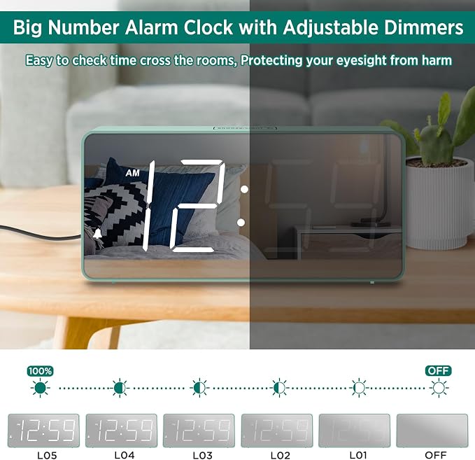 Peakeep Digital Alarm Clock for Bedroom Bedside, Large Display 5 Dimmers | - Image 5