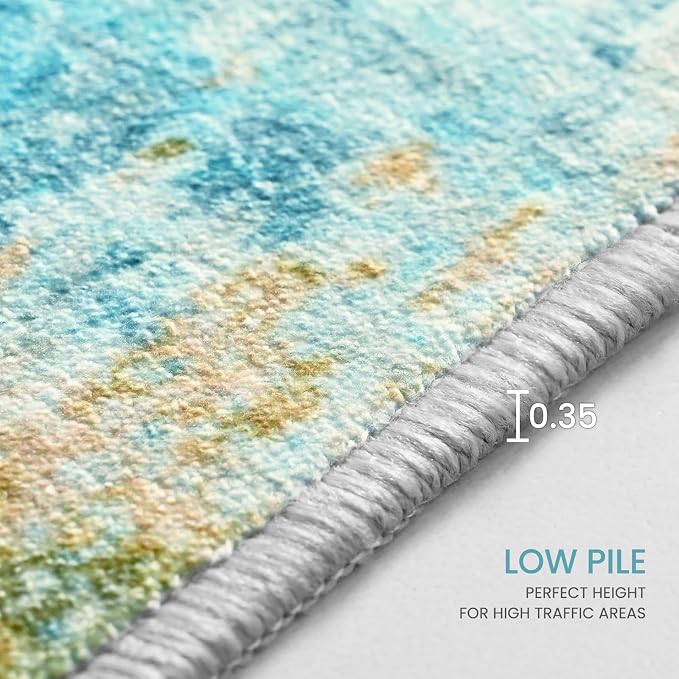 Area Rug 4x6 Teal Blue Rug Washable Boho Rugs Non Slip Low Pile Abstract Small - Image 8