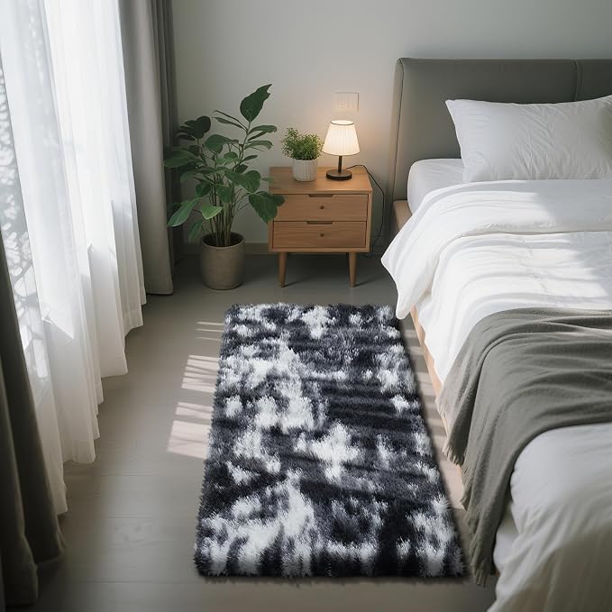 Mottled Black 2x4 Area Rug for Bedroom, Fluffy Rug Small Rug Bedside Carpet | by Yongyangjuxi