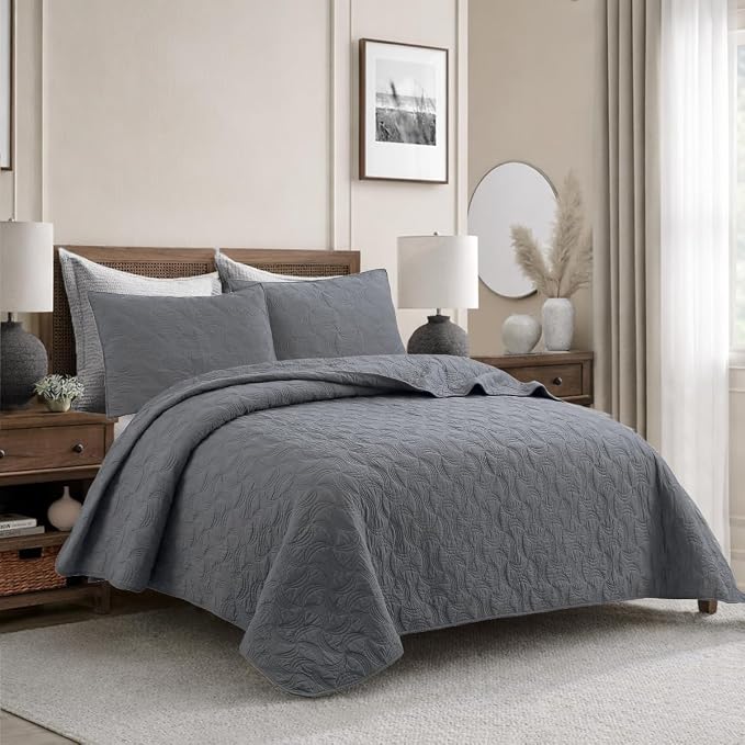 Cozy Line Home Fashions Charcoal Gray Cotton Quilt Set – 3-Piece Solid Textured - Image 2