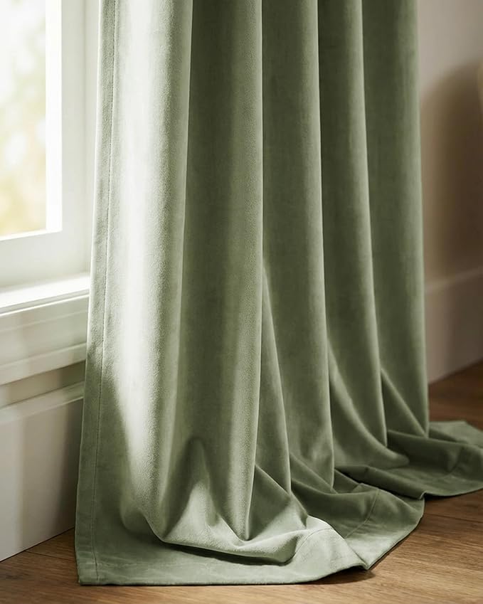 Sage Green Velvet Curtains for Bedroom 84 inches Back Tab, 2 Panels | Soft - Image 9
