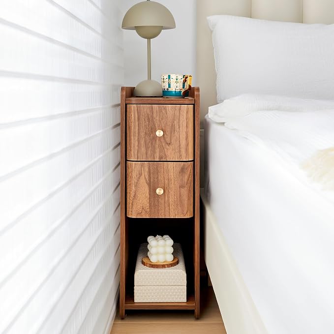 Narrow Nightstand Set of 2, Wooden Small 2 Drawer Nightstand, Slim Side End - Image 3