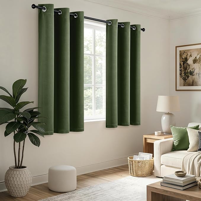 Short Olive Green Blackout Kitchen Curtain W40 x L54 Inch 2 Panels | Thermal - Image 5