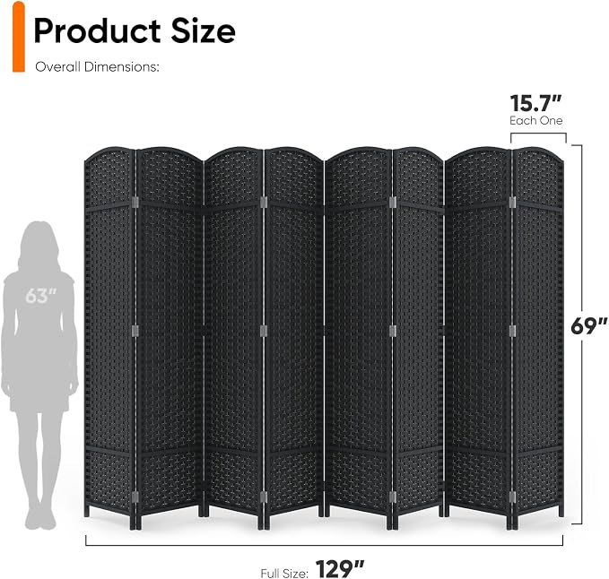 8 Panel Woven Room Divider, Freestanding Decorative Room Partition - Image 2
