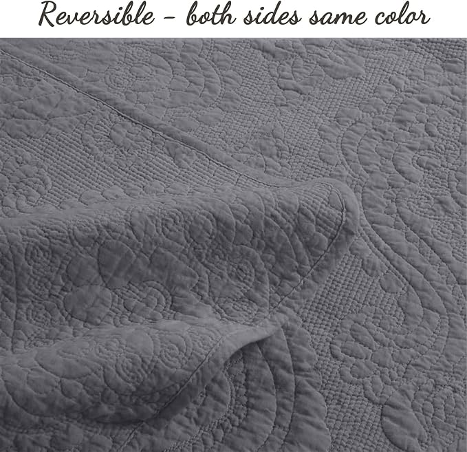 Cozy Line Home Fashions Charcoal Gray Cotton Quilt Set – 3-Piece Solid Textured - Image 4