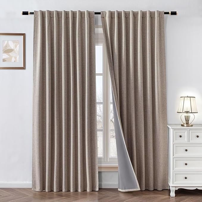 100% Blackout Curtains 96 inch Length 2 Panels Faux Linen Long Drapes by Zyvola