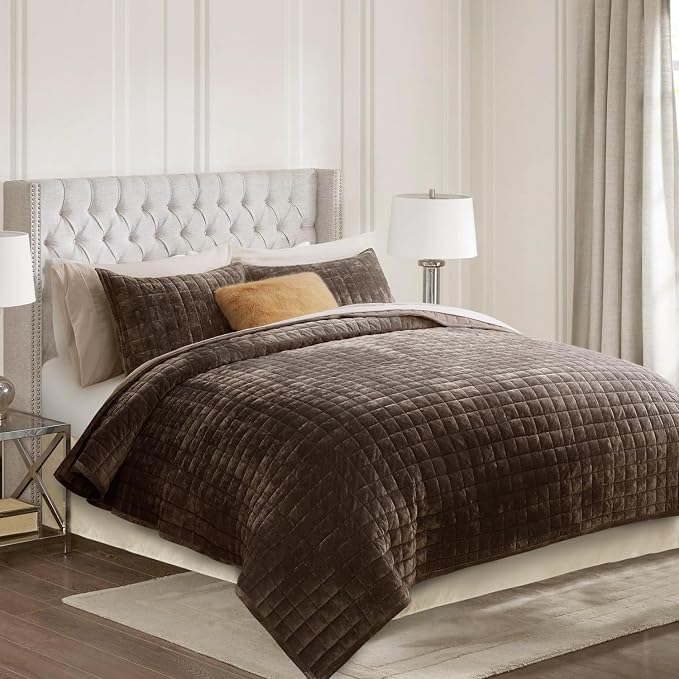 RECYCO Channel Box Stitch Velvet Quilt Set, Full Queen Size, Walnut Brown | by RECYCOHOMECOLLECTION