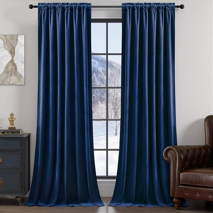 Extra Long Navy Blue Velvet Blackout Curtains 102 Inches Room Darkening | Black - Image 9